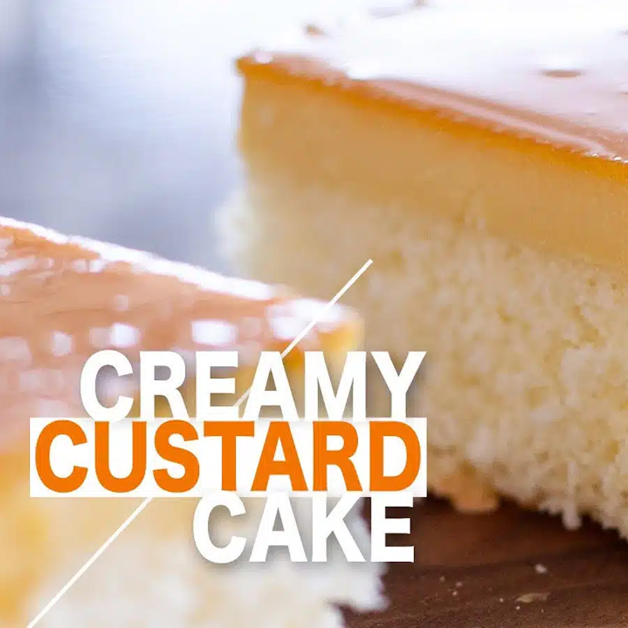 Pouring chiffon cake batter over caramel custard in a 9x13 pan